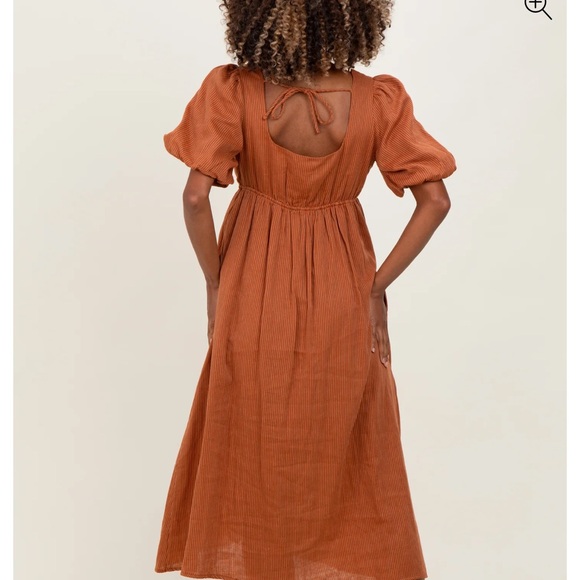 Rust Ribbed Puff Sleeve Tie Back Maternity Midi Dress - Picture 3 of 5